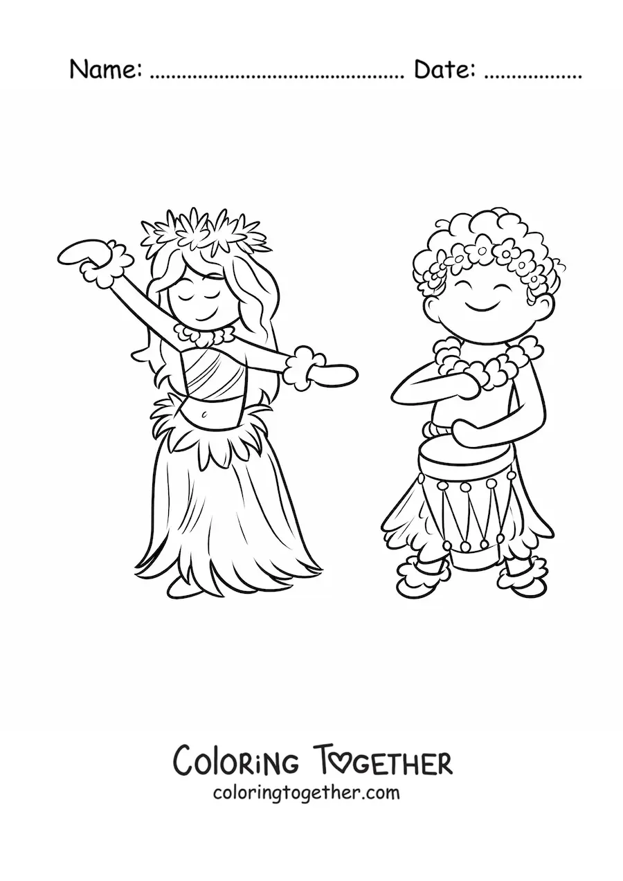 Coloring page of a Hawaiian boy with a drum and a hula dancer