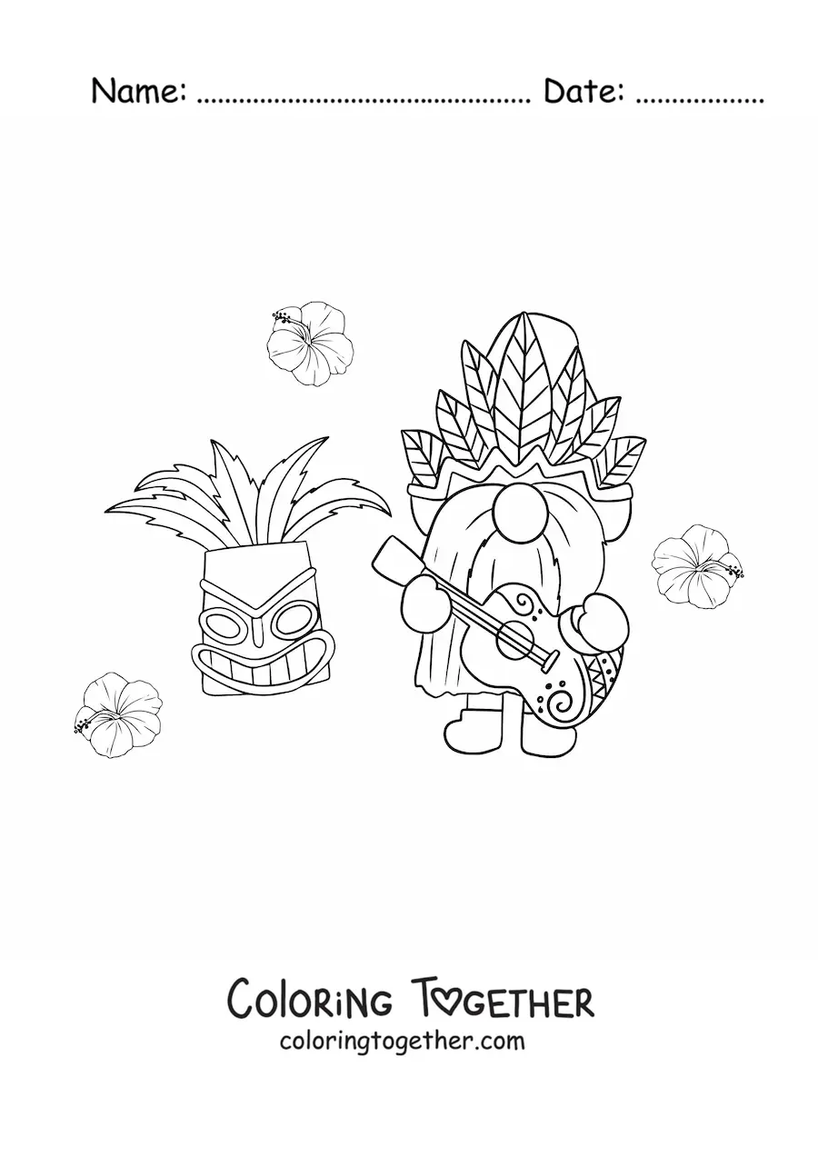 Coloring page of a cartoon gnome playing guitar with a tiki mask