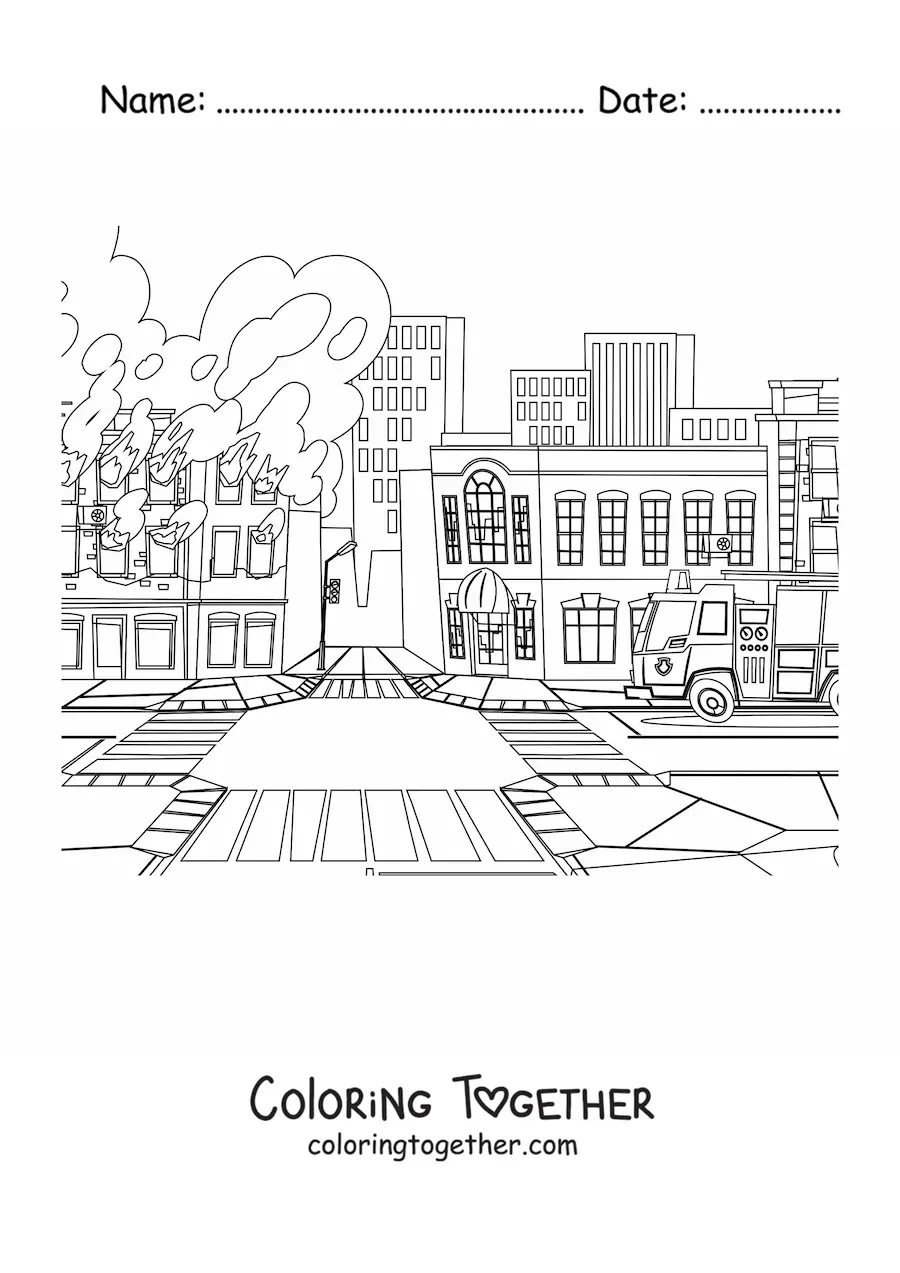 Coloring page of a fire truck next to a building in flames