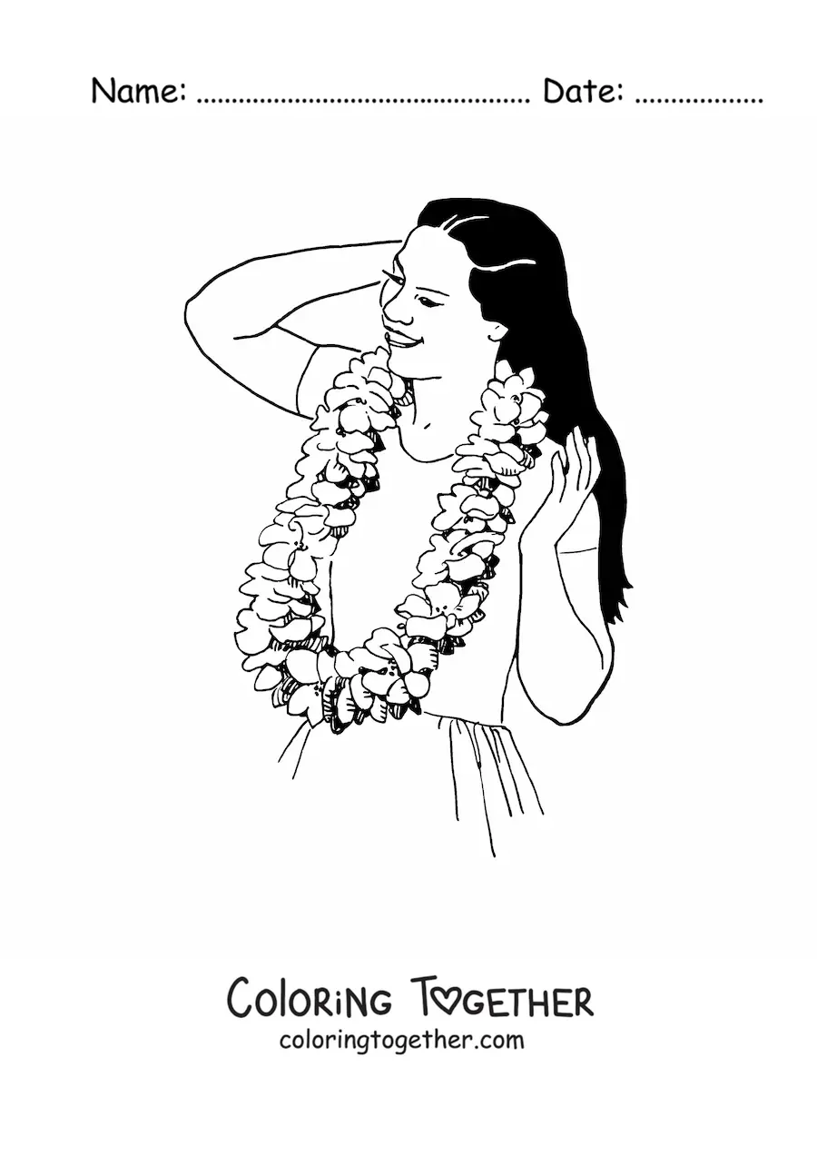 Coloring page of a girl at a Hawaiian party with a flower necklace