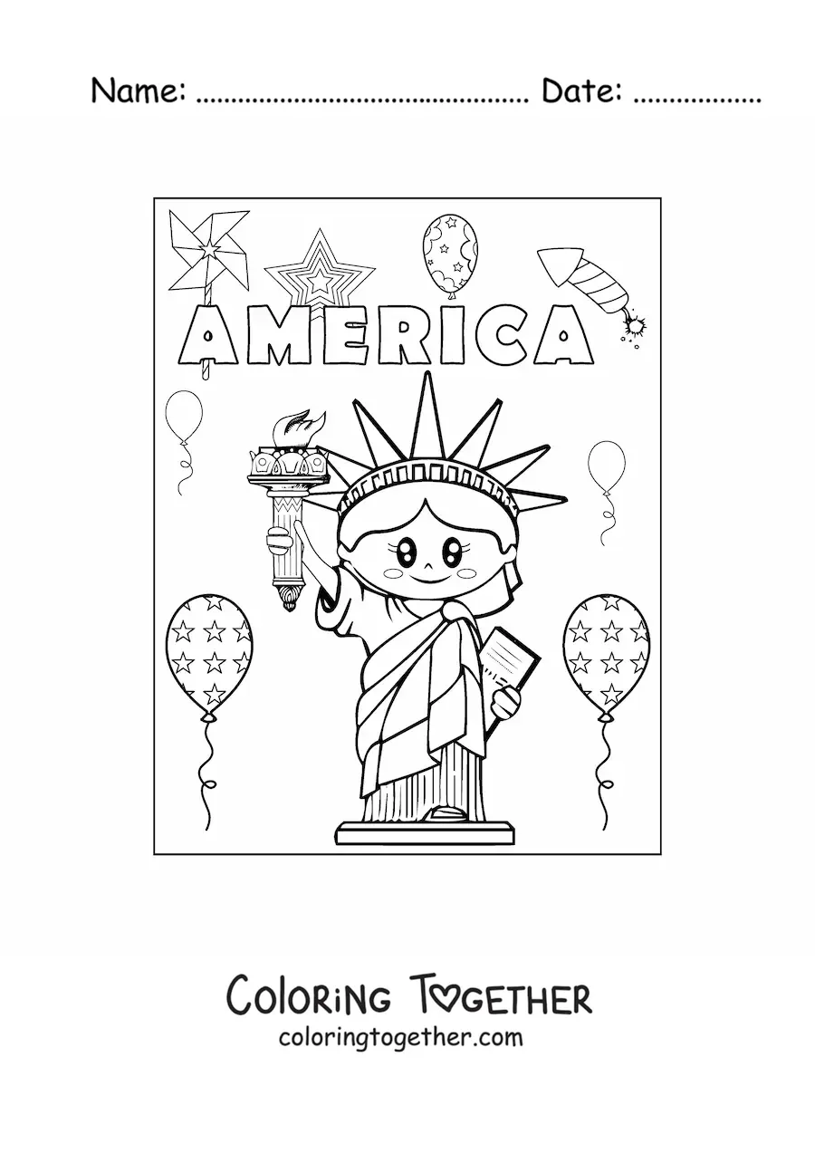 Coloring page of a cute kawaii cartoon Statue of Liberty