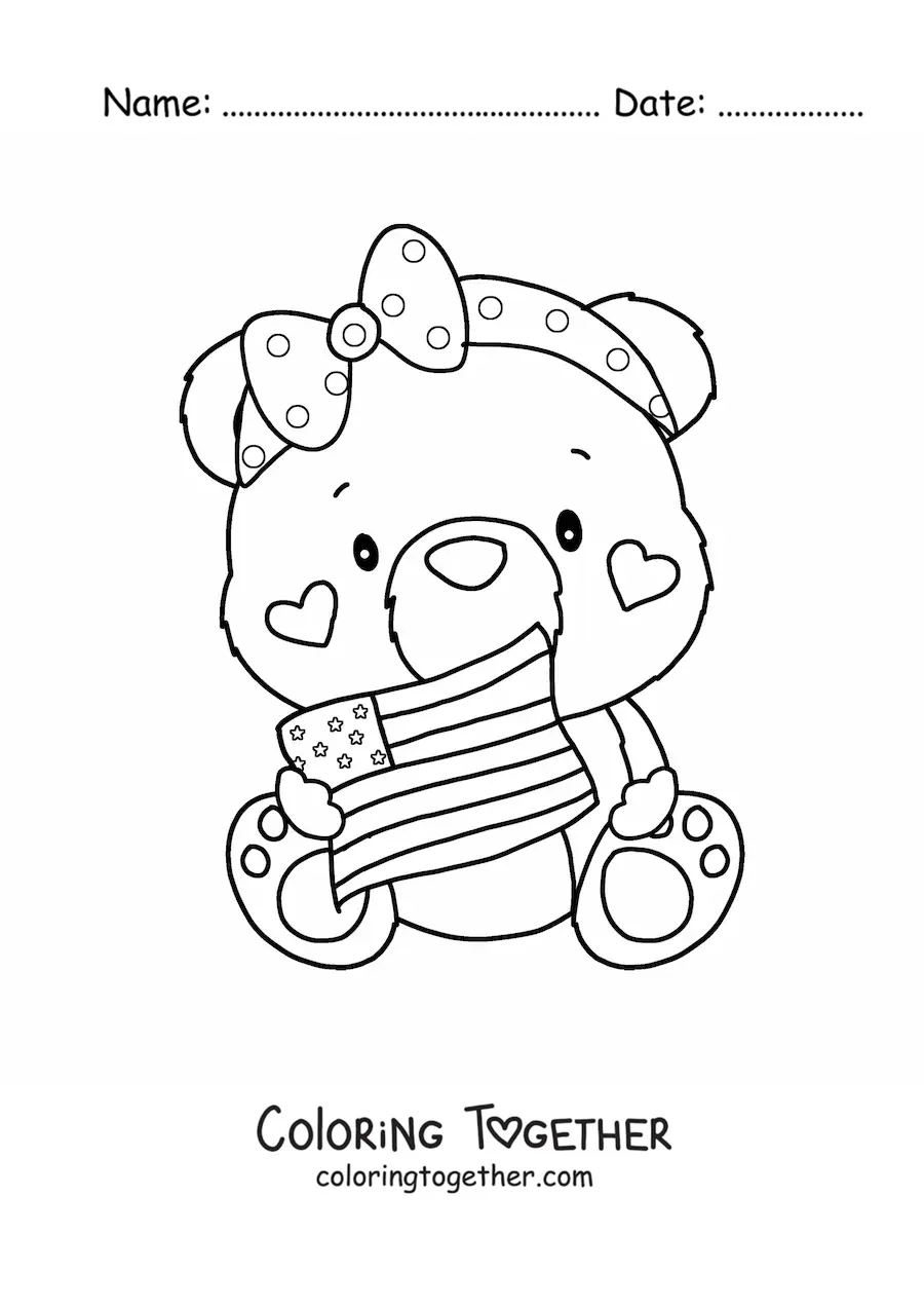 Coloring page of a cute kawaii cartoon bear with the flag of the United States