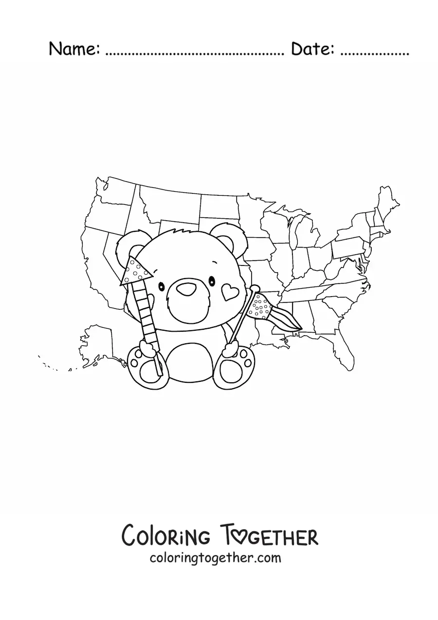 Coloring page of a cute kawaii cartoon bear with the flag and map of the United States