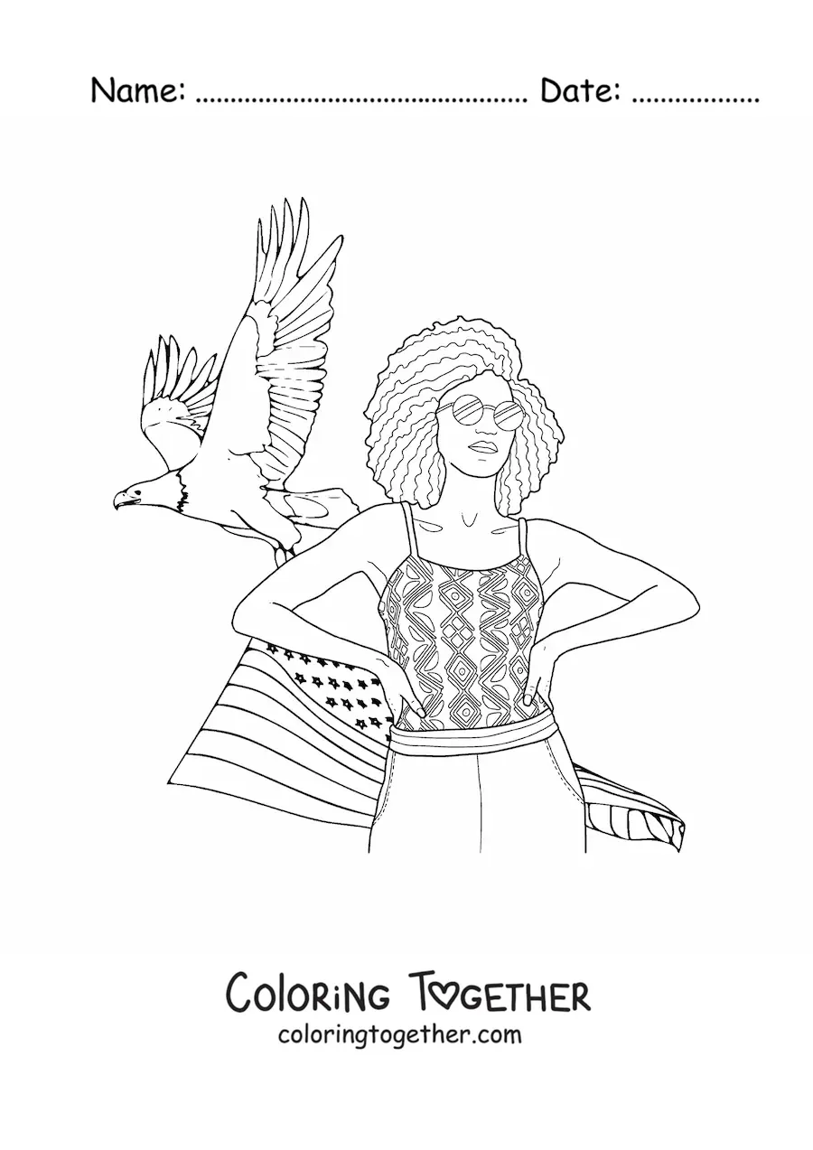 Coloring page of an American girl with the flag and an eagle