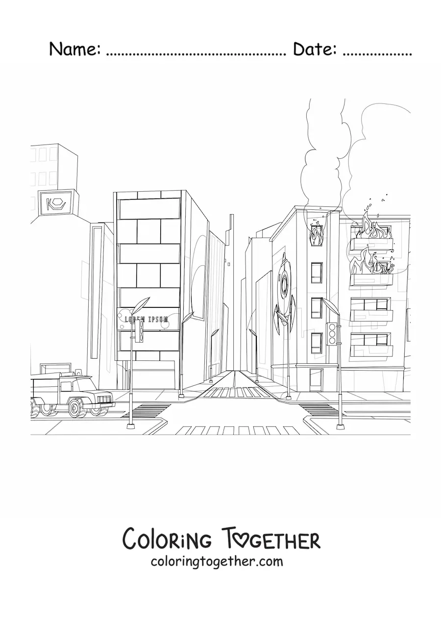 Coloring page of a fire truck at a fire