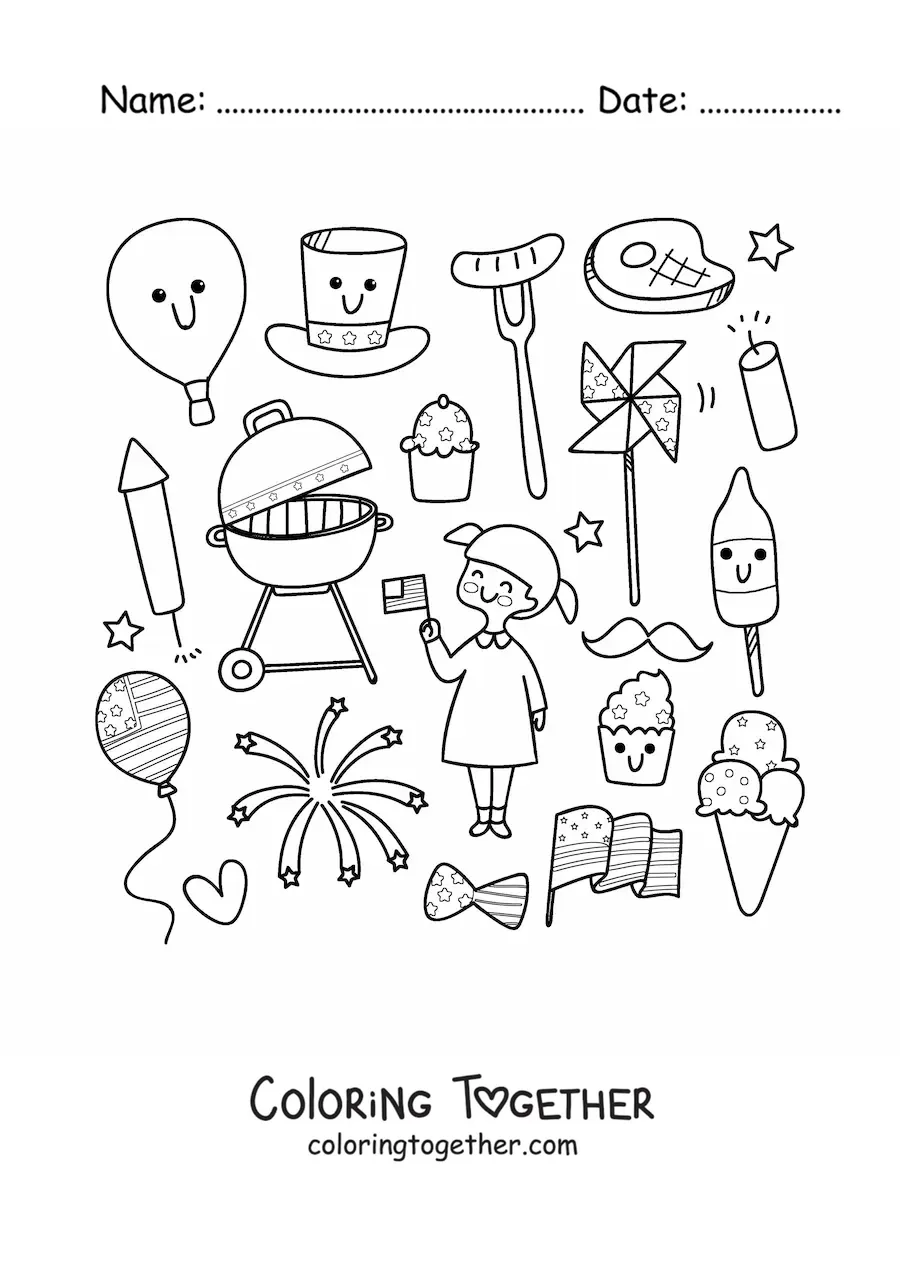 Coloring page of a girl with cute kawaii cartoon symbols of American culture