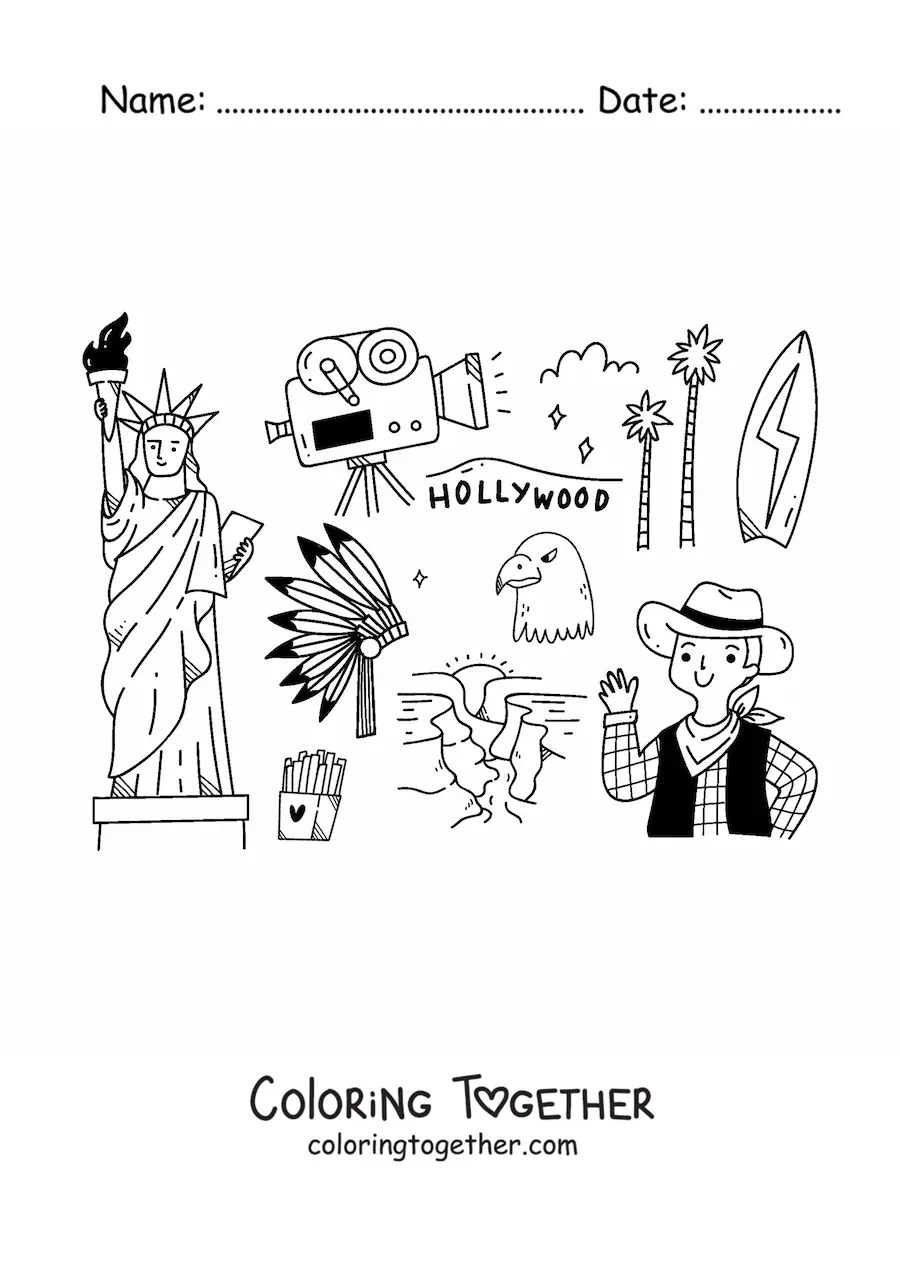 Coloring page of the Statue of Liberty and symbols of American culture