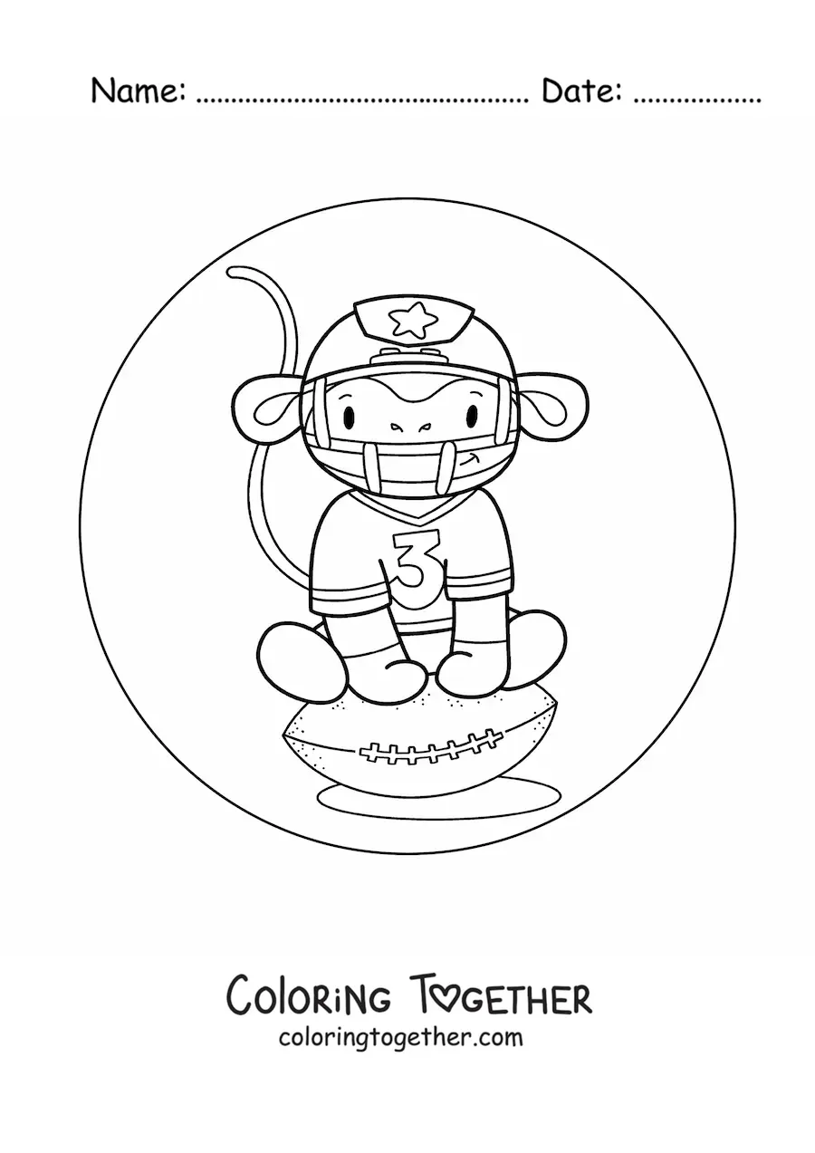 Coloring page of a cartoon monkey playing American football