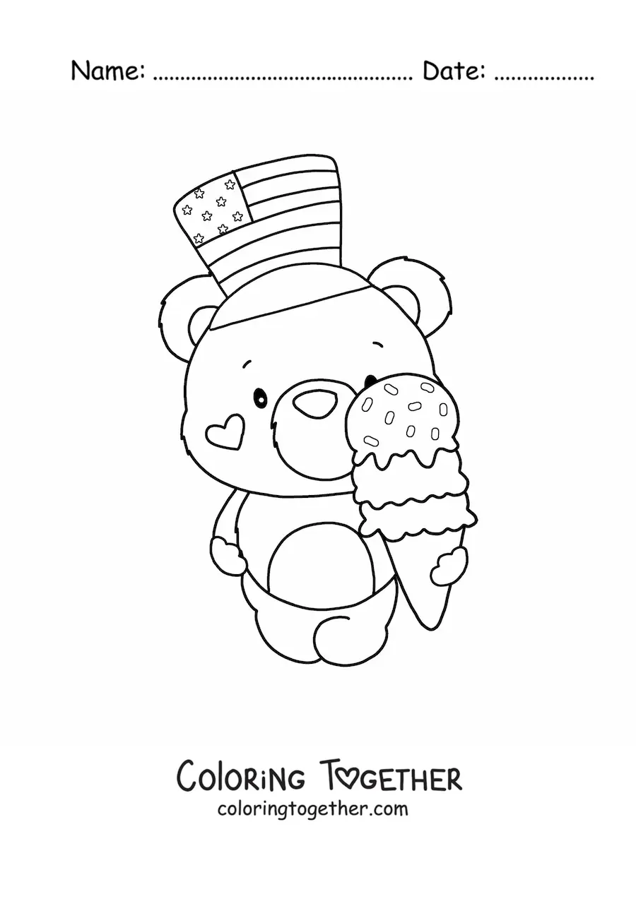 Coloring page of a cute kawaii cartoon bear with an ice cream and a United States hat