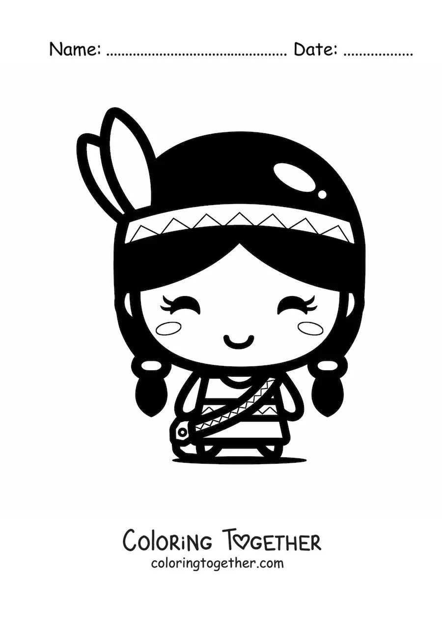 Coloring page of a cute kawaii Native American girl