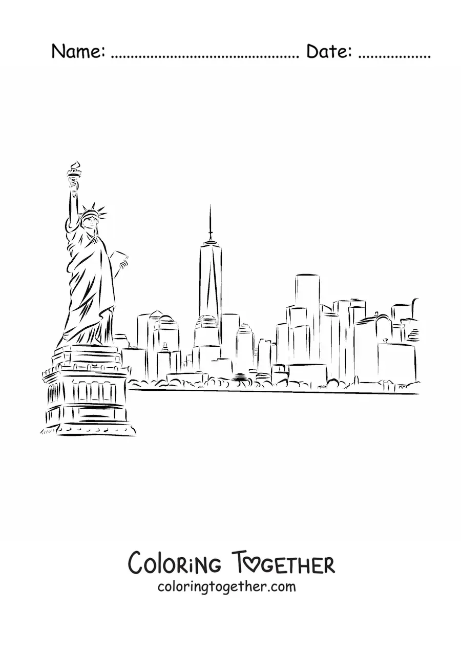 Coloring page of a New York landscape with the Statue of Liberty