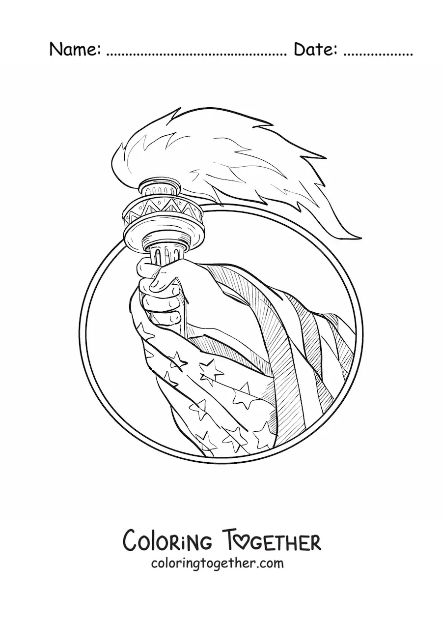 Coloring page of a hand holding the torch of liberty with the flag of the United States