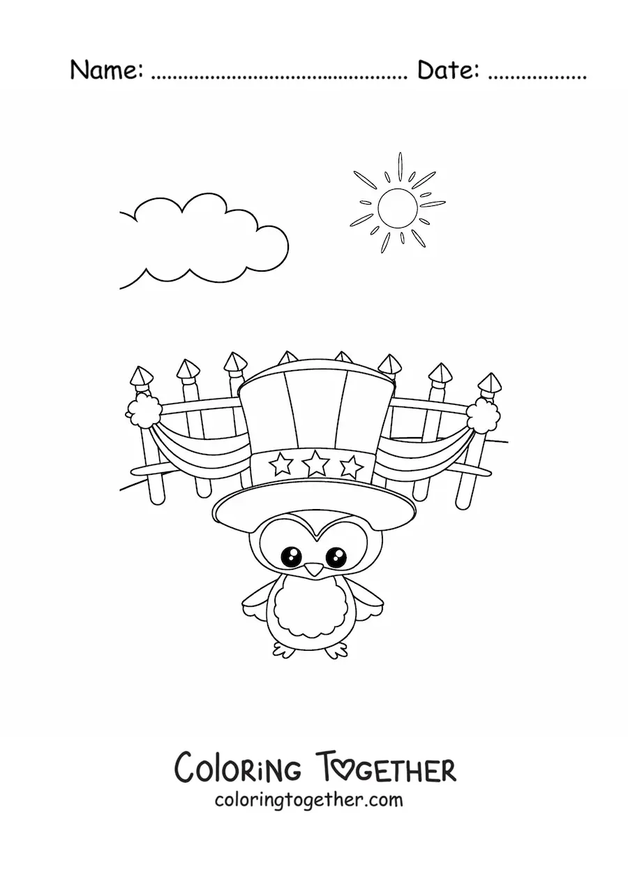 Coloring page of a cartoon penguin celebrating the independence of the United States