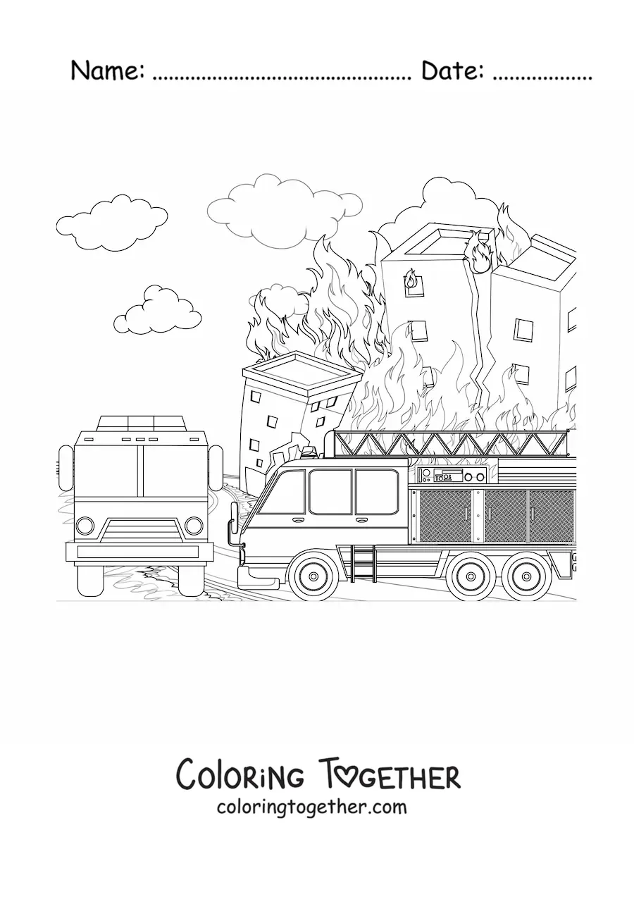 Coloring page of a fire truck at a large fire