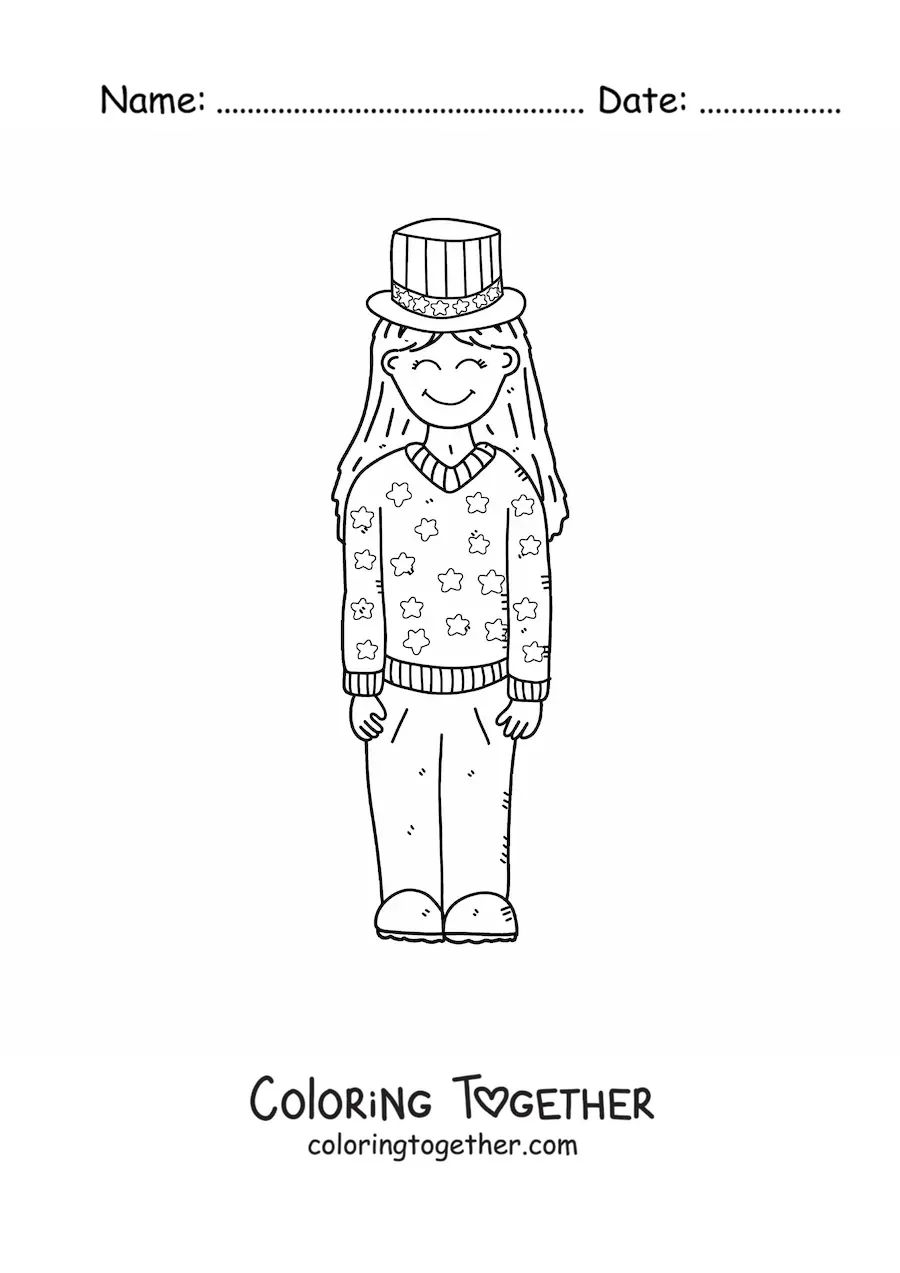 Coloring page of a girl celebrating the independence of the United States