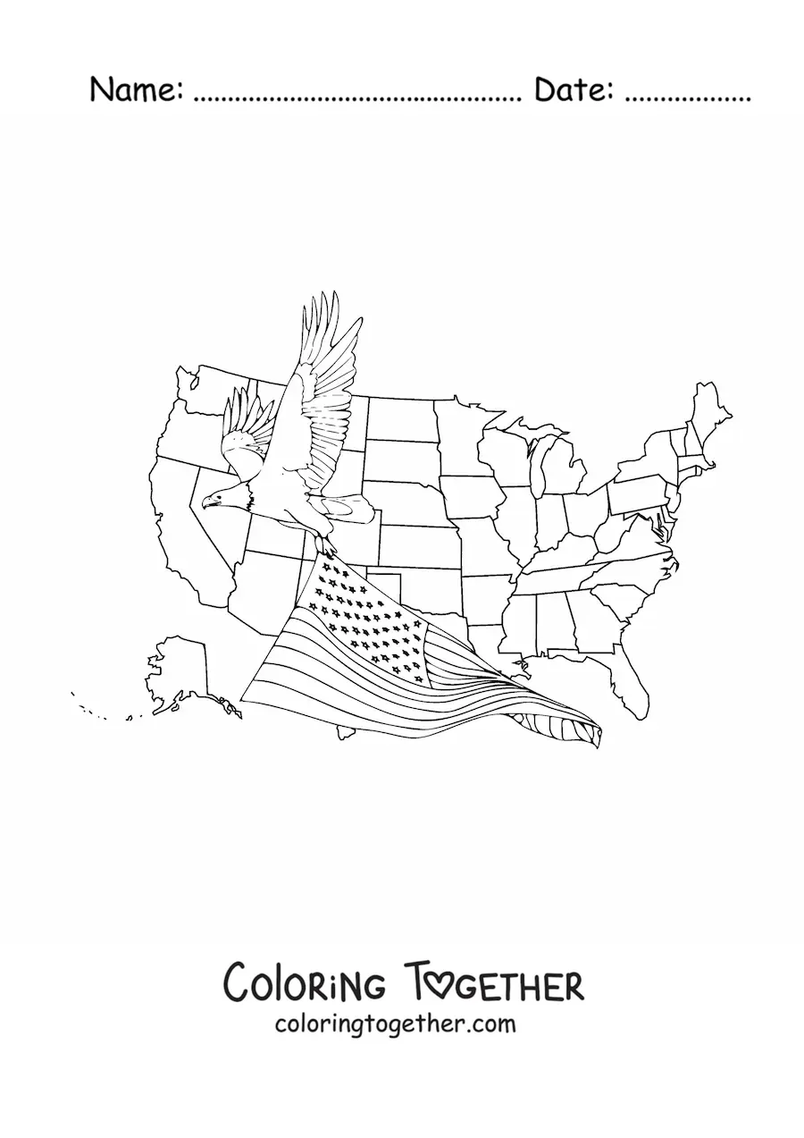 Coloring page of an eagle holding the American flag with the map of the United States