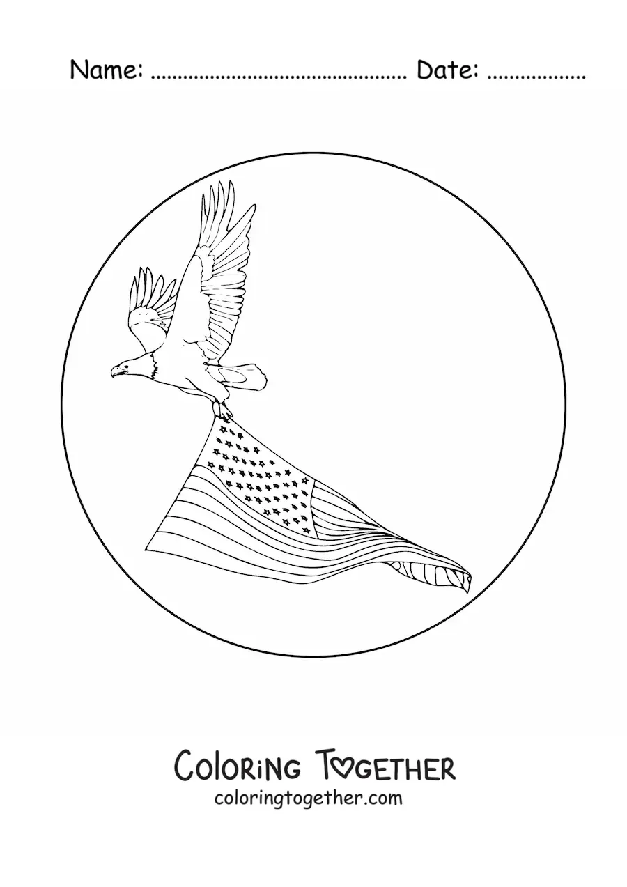 Coloring page of an eagle holding the United States flag