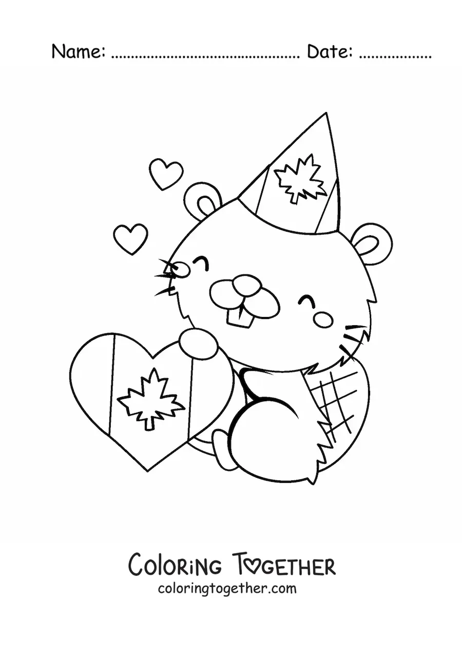 Coloring page of a cute kawaii cartoon Canadian beaver with the flag of Canada