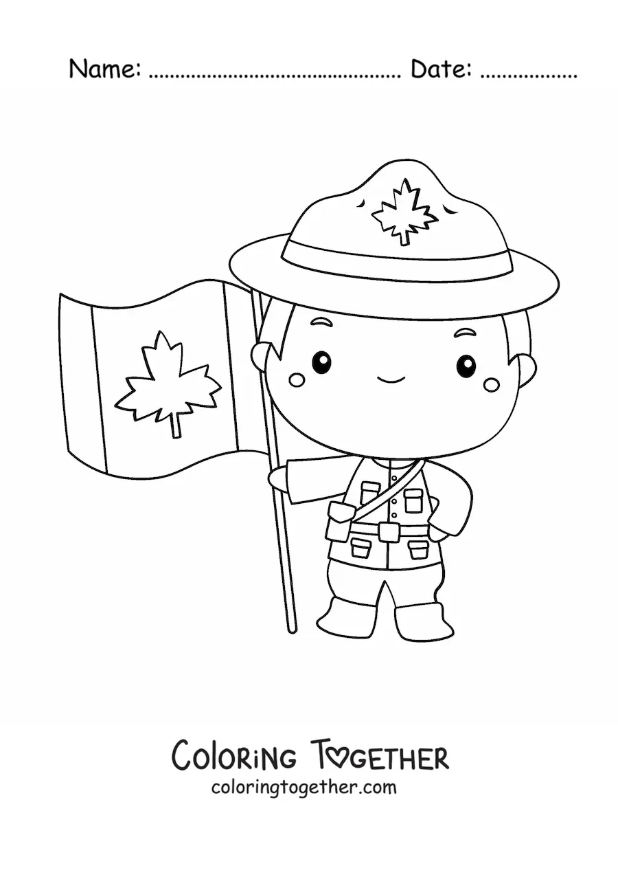 Coloring page of a kawaii Canadian police boy with the flag