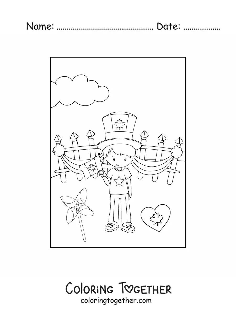 Coloring page of a boy celebrating Canada Day