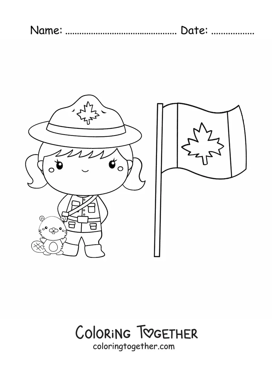 Coloring page of a kawaii Canadian police girl with the flag and a cartoon beaver