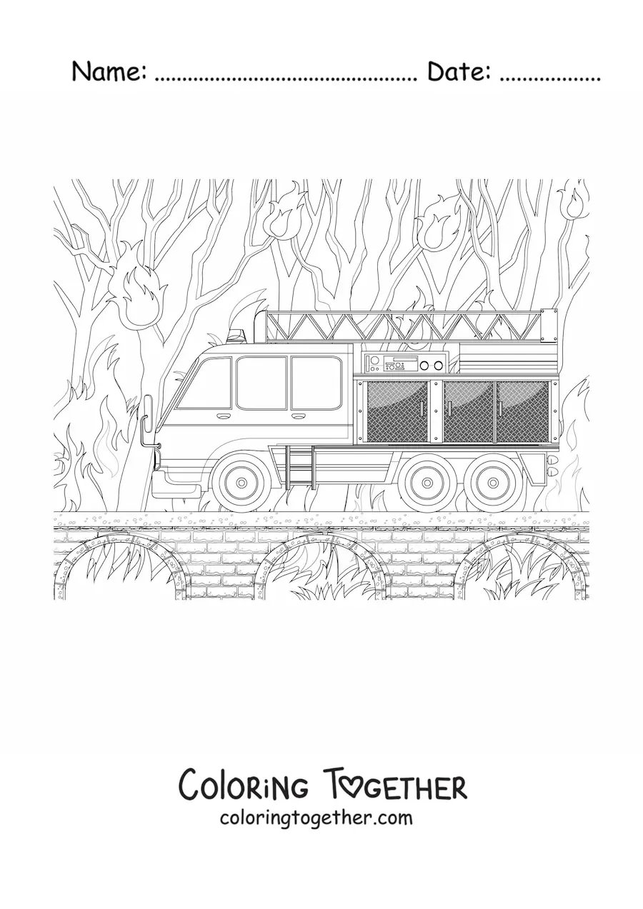 Coloring page of a fire truck at a forest fire