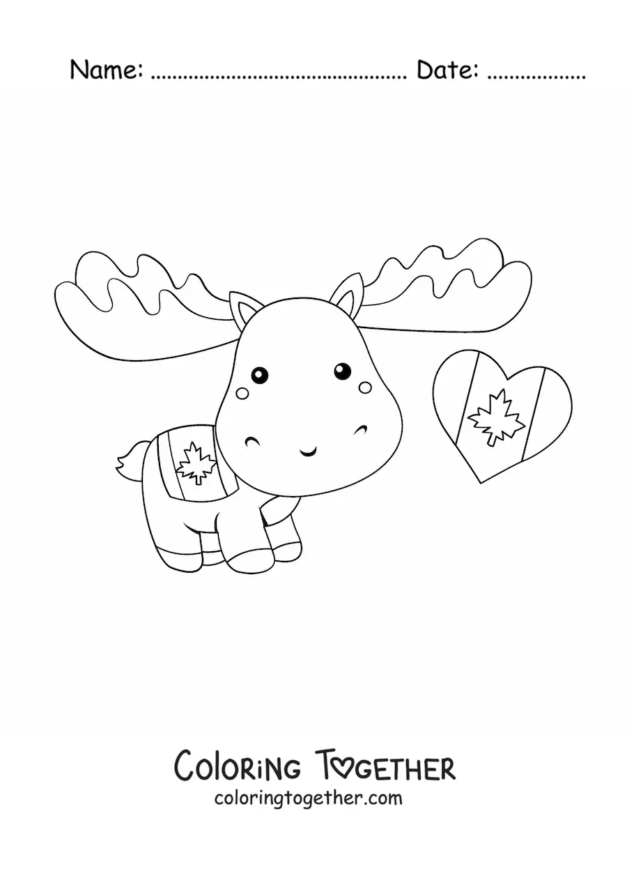 Coloring page of a cute kawaii cartoon Canadian moose with the flag of Canada