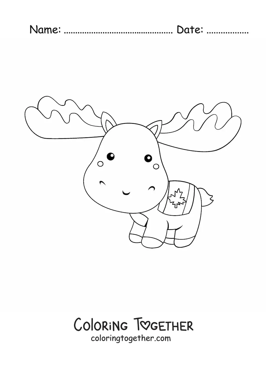 Coloring page of a cute kawaii cartoon Canadian moose