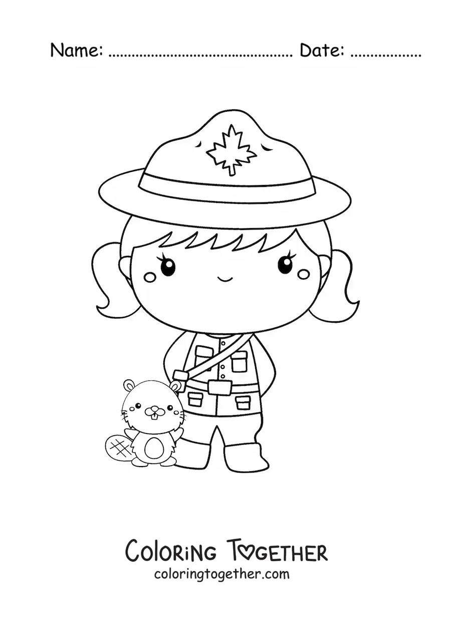 Coloring page of a cute kawaii cartoon Canadian police girl