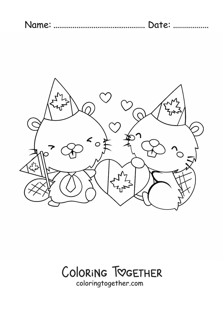 Coloring page of cartoon Canadian beavers with the flag and hearts