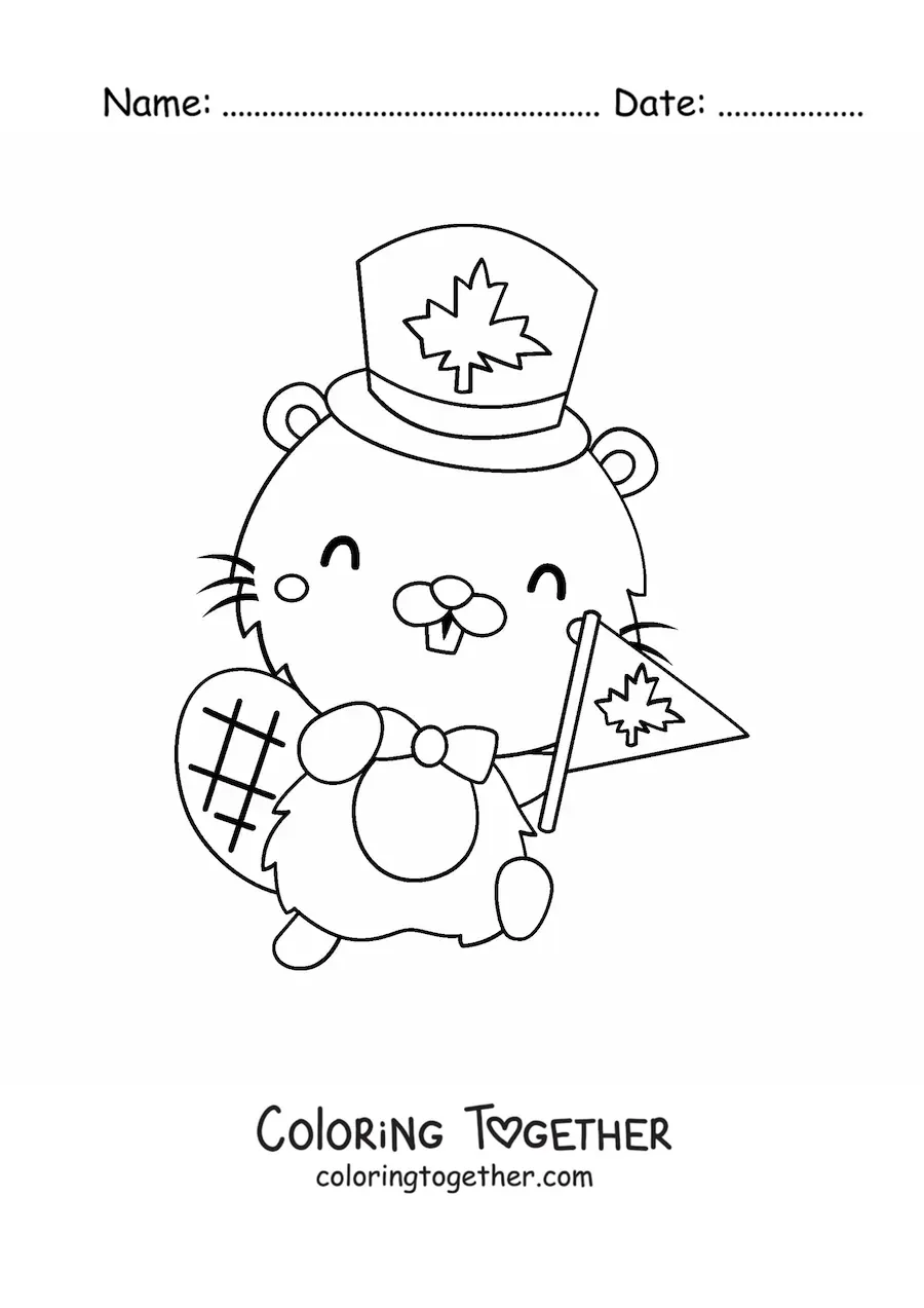 Coloring page of a cartoon beaver celebrating Canada Day