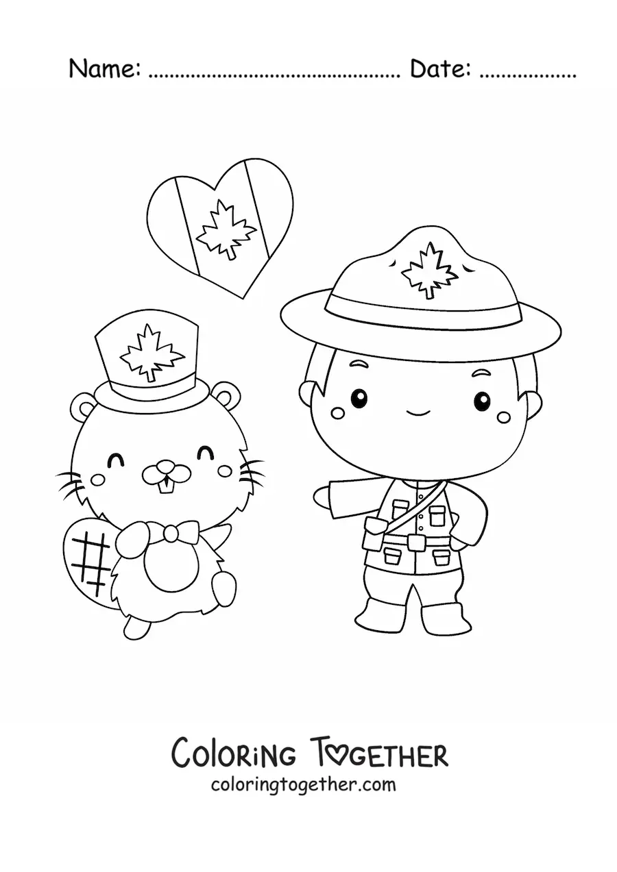 Coloring page of a cartoon Canadian police officer with the flag and a beaver