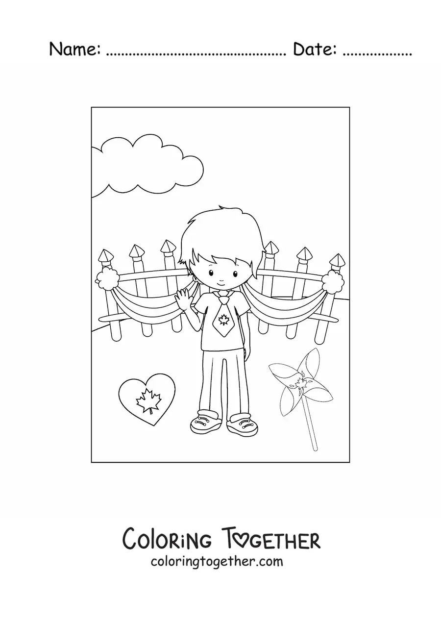 Coloring page of a boy celebrating Canada Day