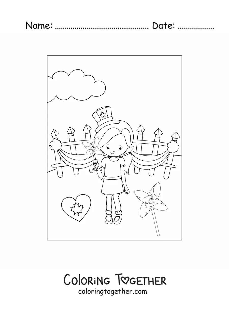 Coloring page of a girl celebrating Canada Day