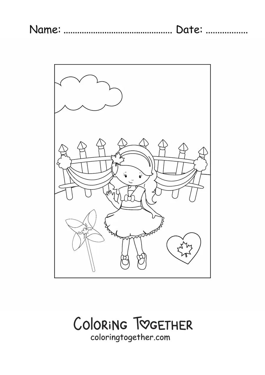 Coloring page of a girl celebrating Canada Day