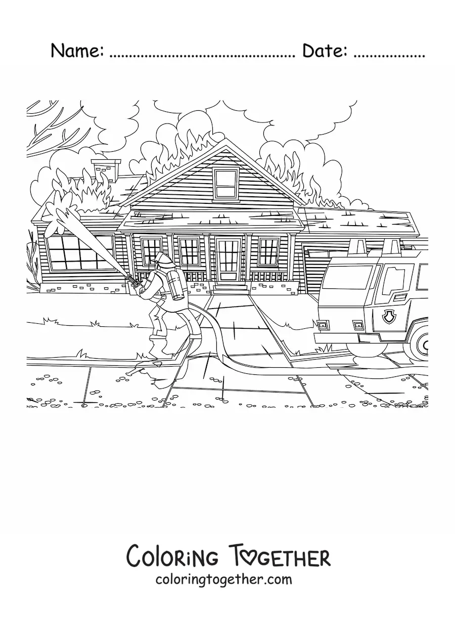 Coloring page of a firefighter putting out a fire