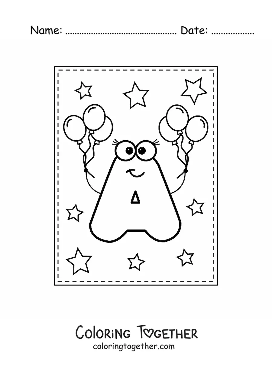 Coloring page of a cartoon uppercase letter A with balloons