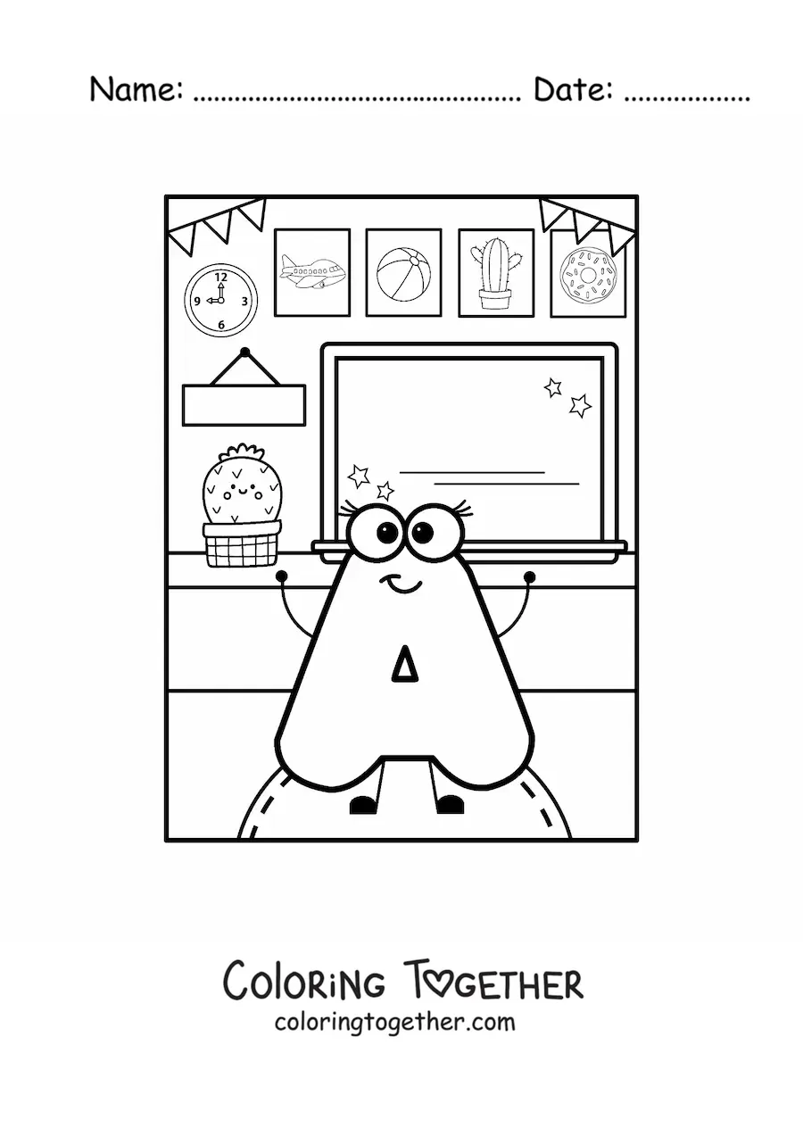 Coloring page of the cartoon letter A at school