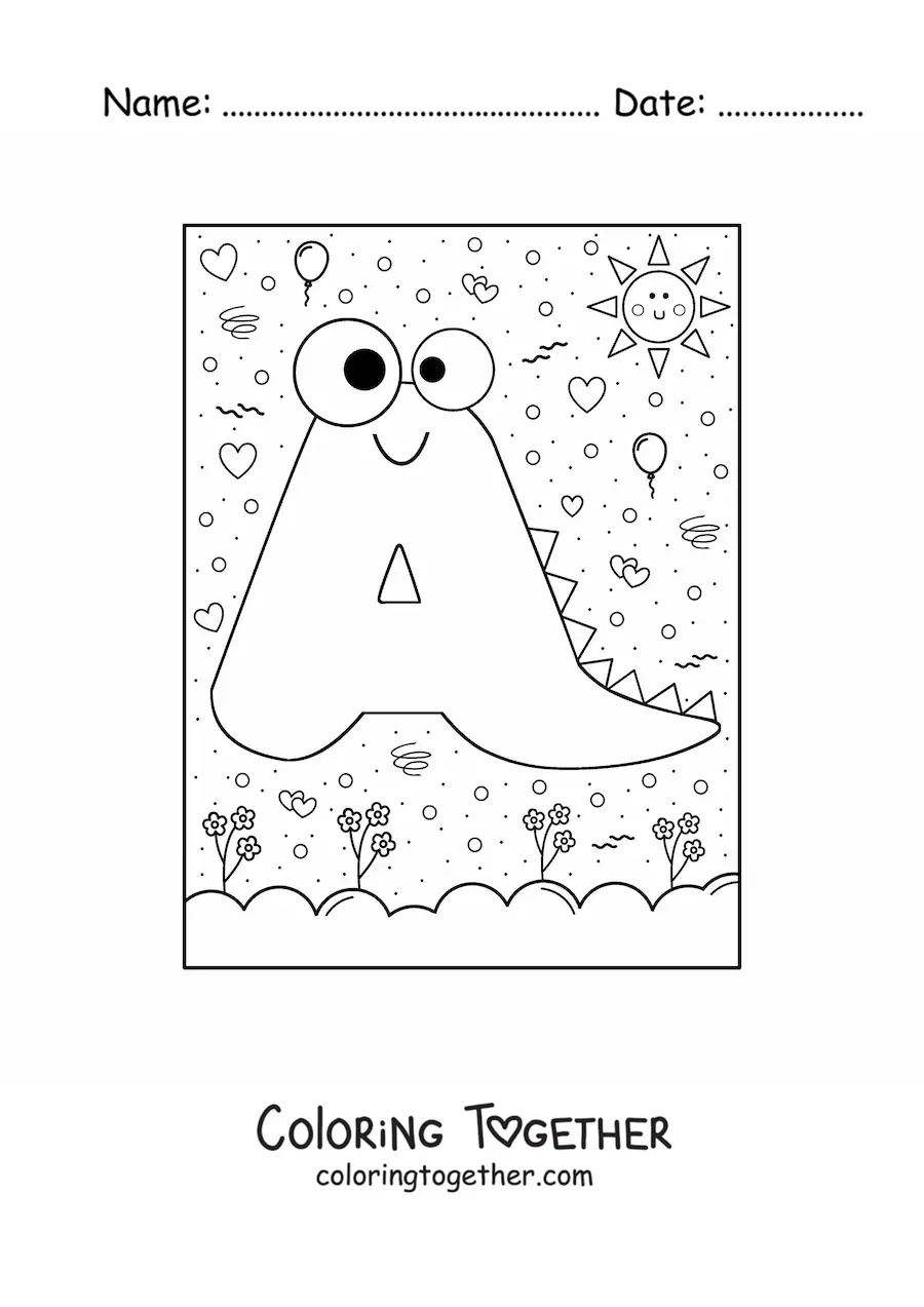 Coloring page of the cartoon letter A shaped like a monster