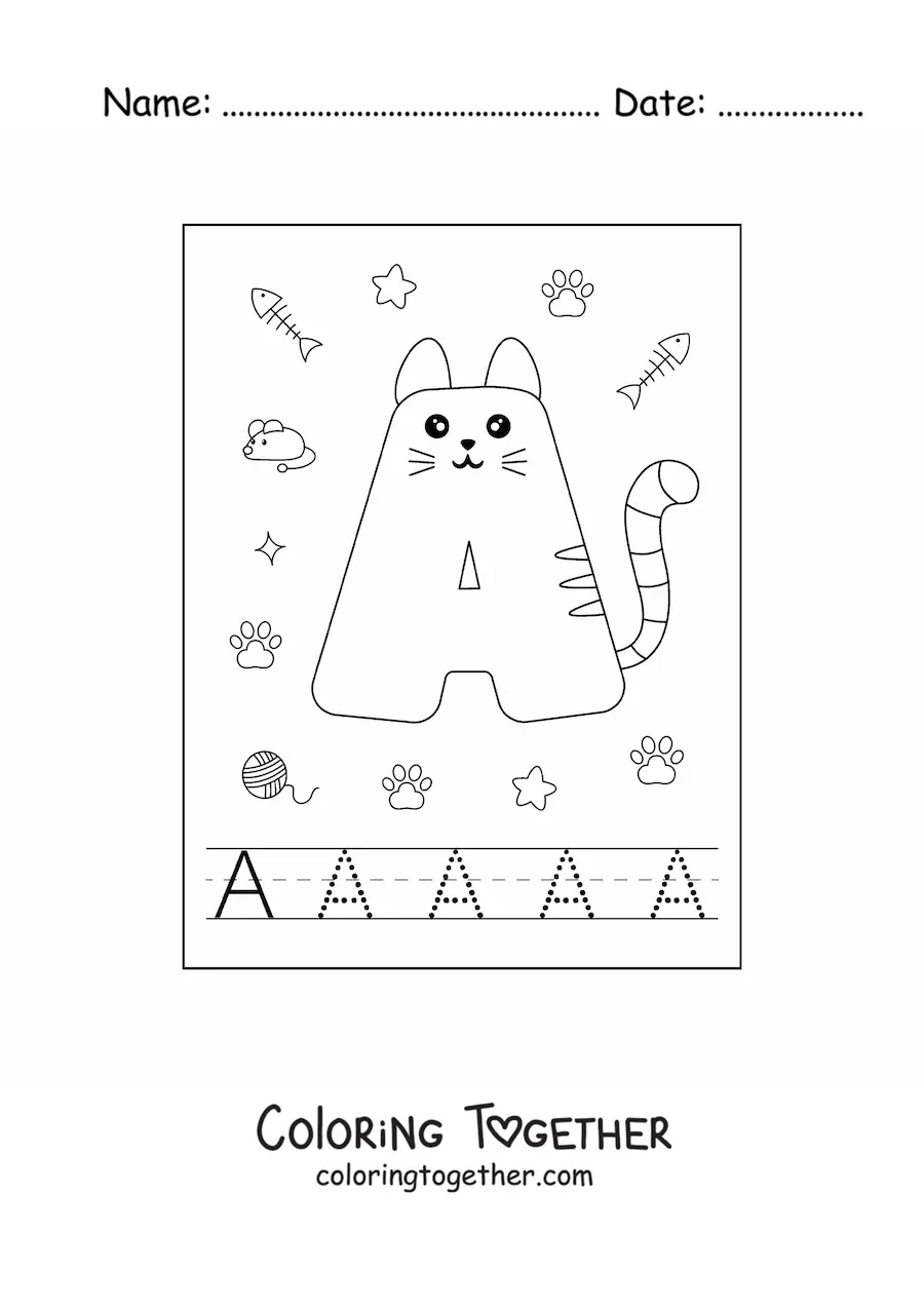 Coloring page of the cartoon letter A shaped like a cat