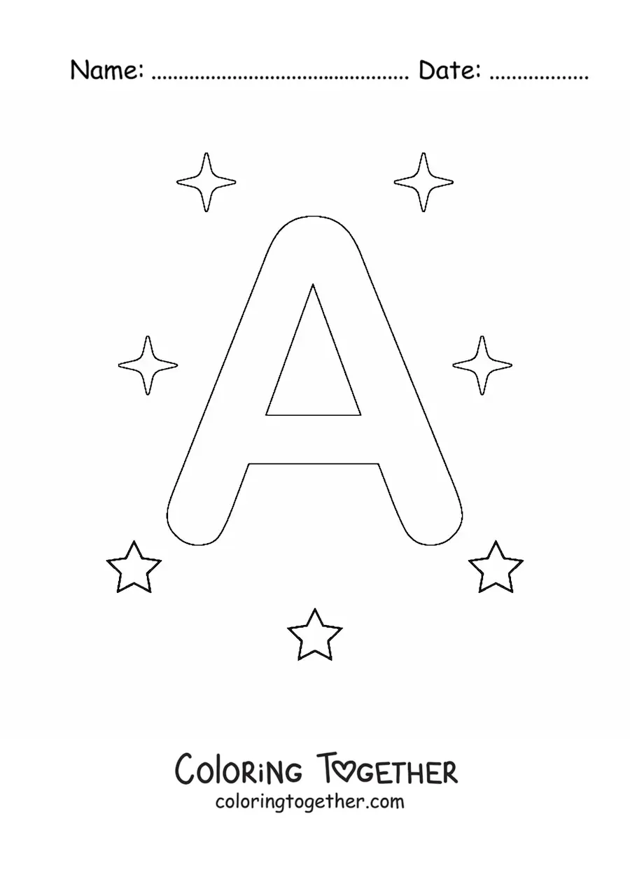 Coloring page of the uppercase letter A with stars