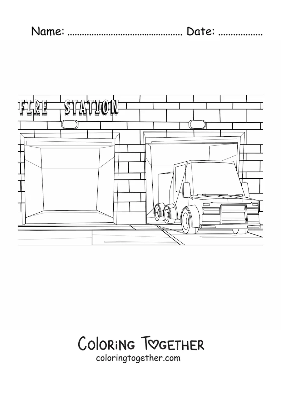 Coloring page of a fire truck at the station