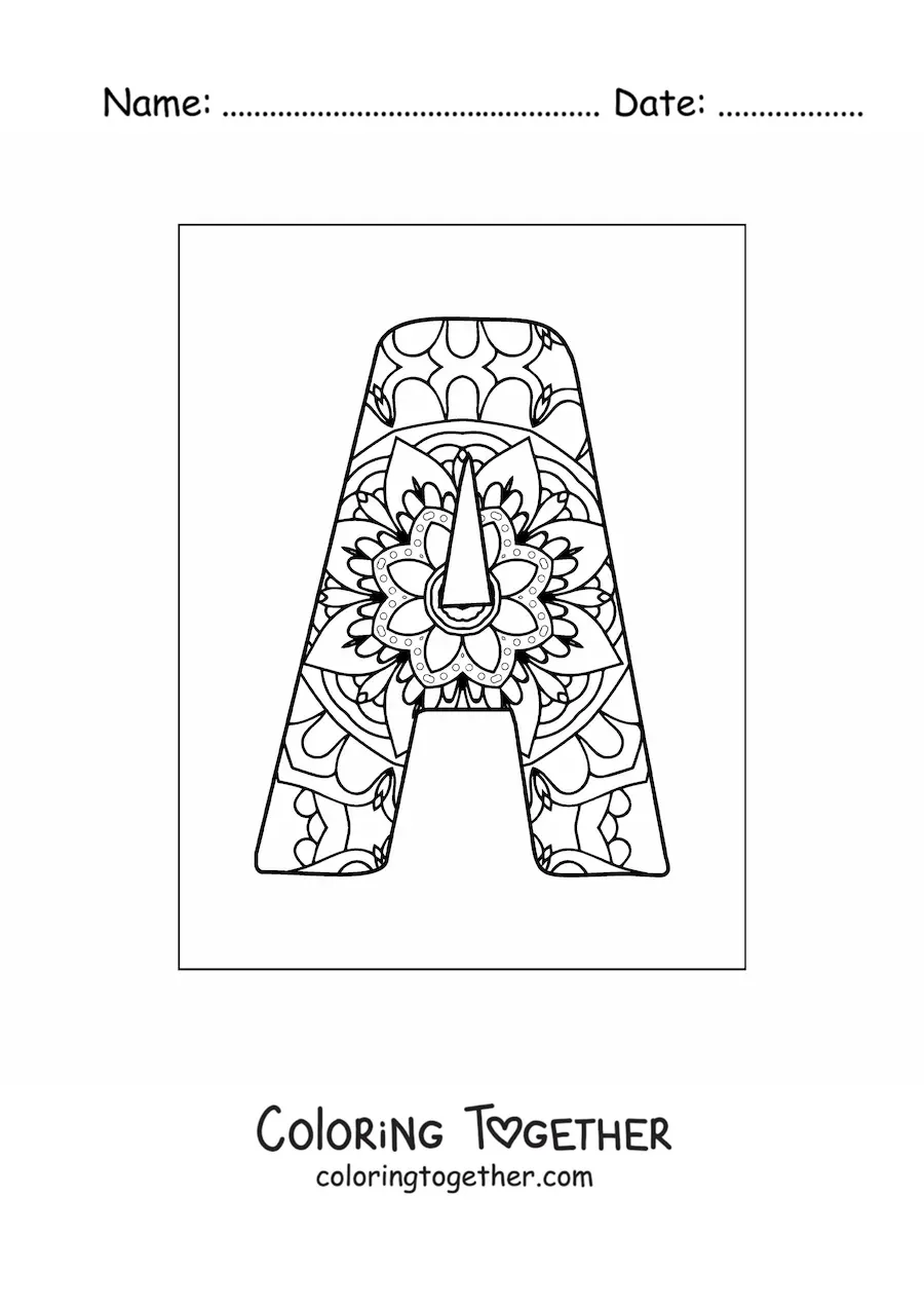 Coloring page of an uppercase letter A mandala