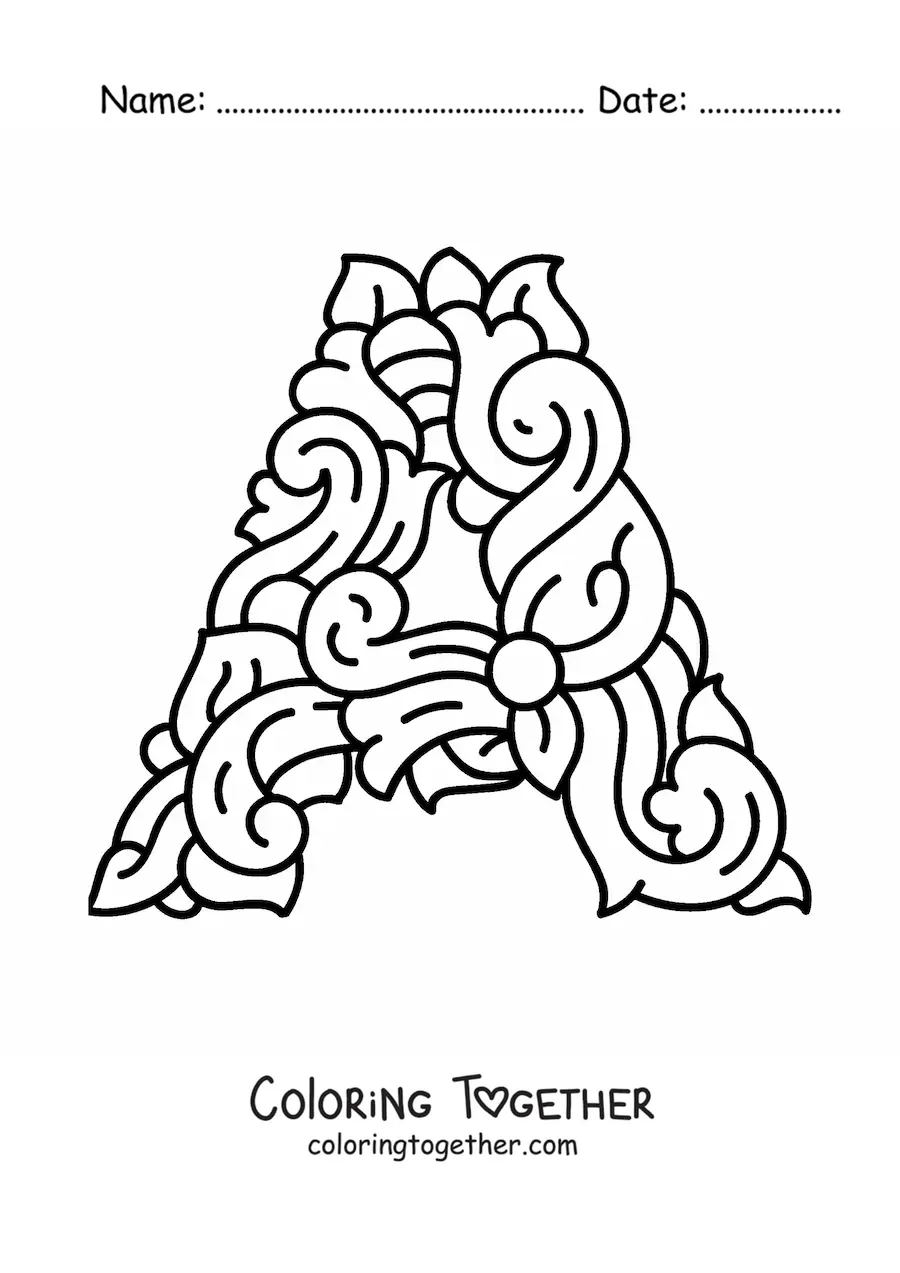 Coloring page of a decorated uppercase letter A
