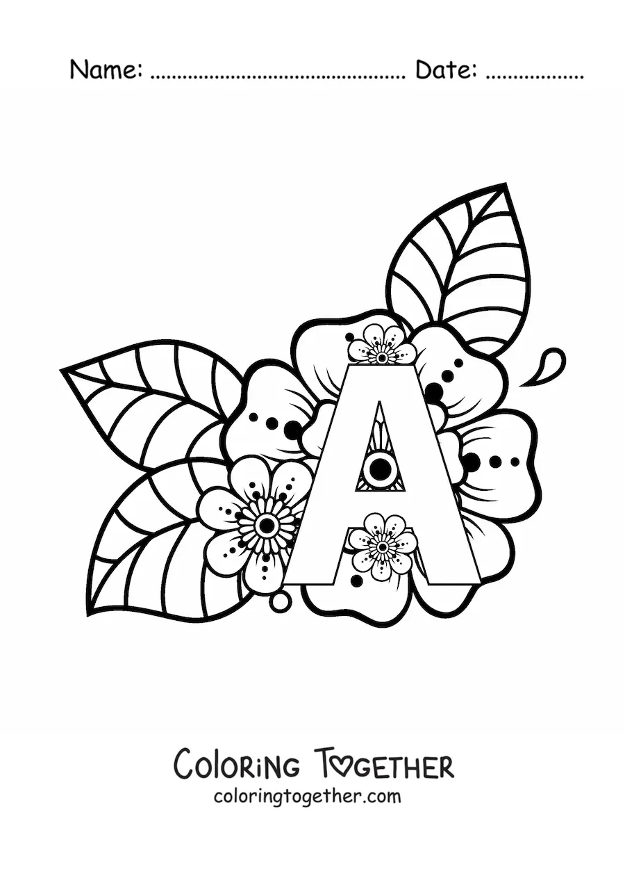 Coloring page of the letter A decorated with flowers