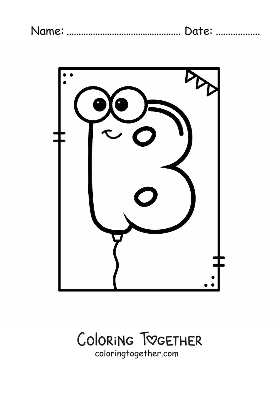 Coloring page of the cartoon letter B shaped like a balloon