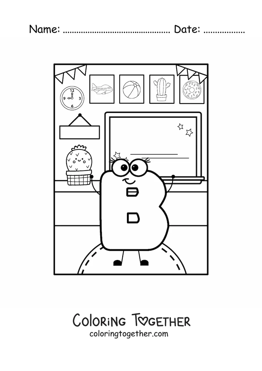Coloring page of the cartoon letter B at school