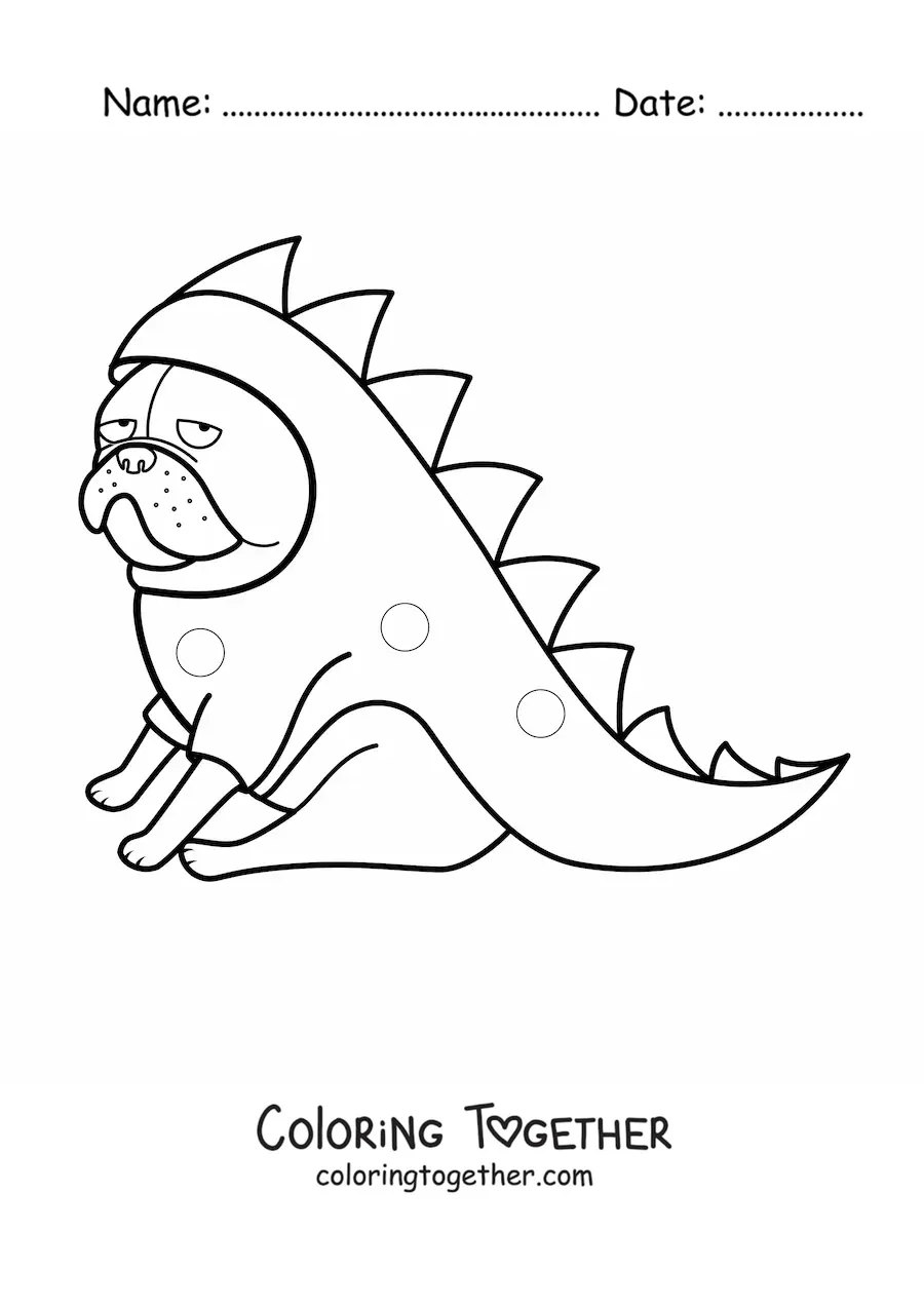 Coloring page of a pug dressed as a crocodile and sitting down