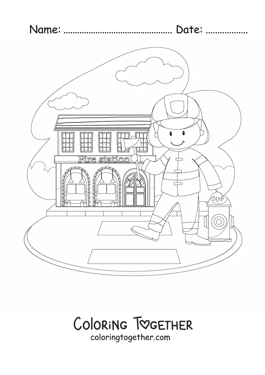 Coloring page of a cartoon firefighter at the station