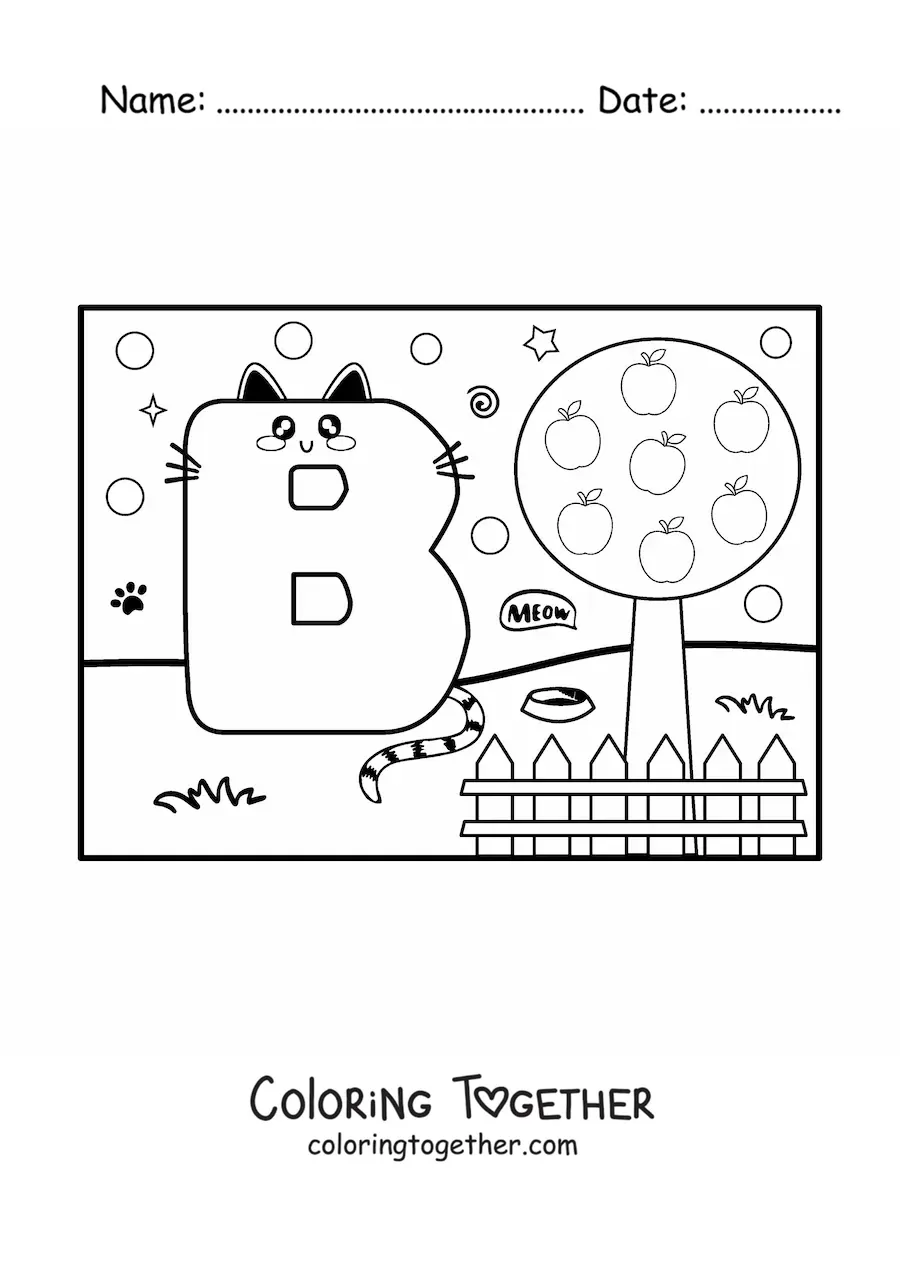 Coloring page of the cartoon letter B shaped like a cat in the park